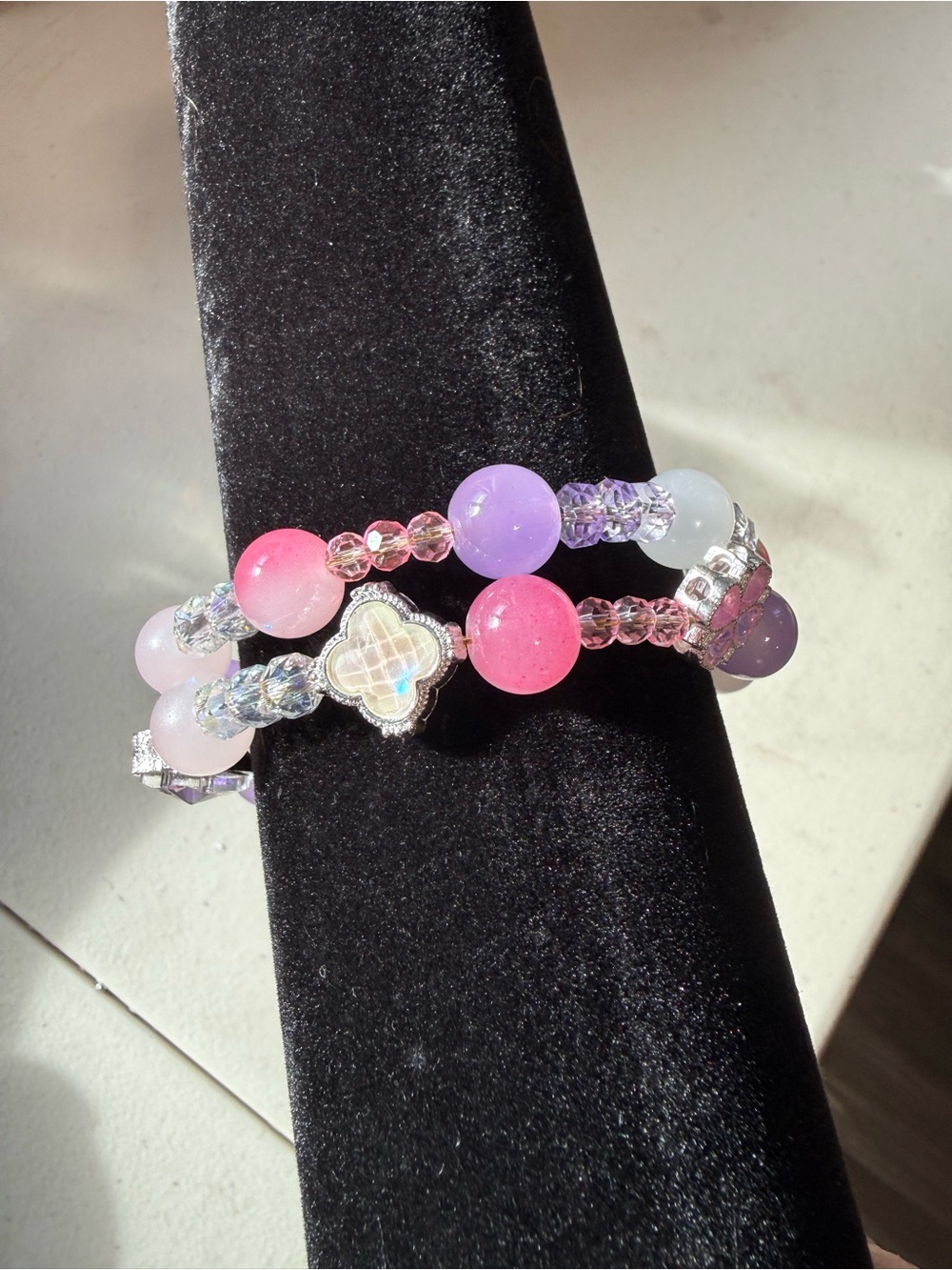 Pastel Pink & Lavender Beaded Stretch Bracelet Set - Unbranded